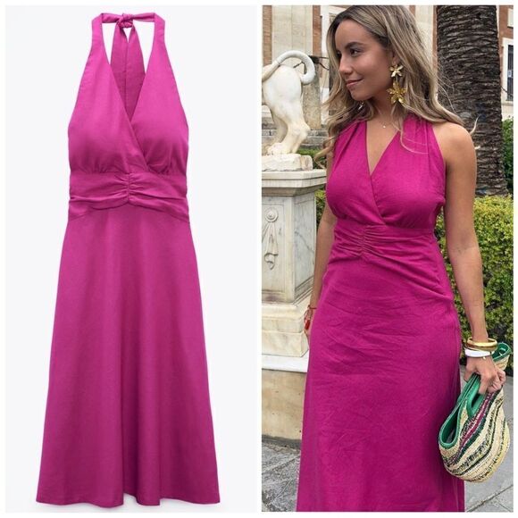 ZARA HALTER LINEN BLEND NECK MIDI DRESS MAGENTA - Picture 1 of 15